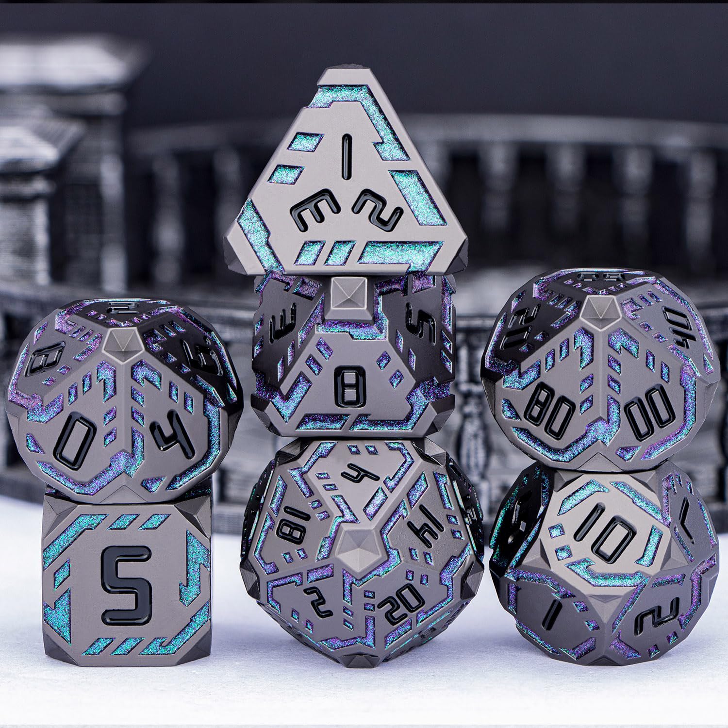OGCOPHEN Metal DND Sci-fi Dice Set 7PCS Stripe Polyhedral Dice for Dungeons Dragons RPG Role Playing Game, Glitter D and D Dice with Gift Box D6 D8 D10 D12 D20 (Black&Green Purple)
