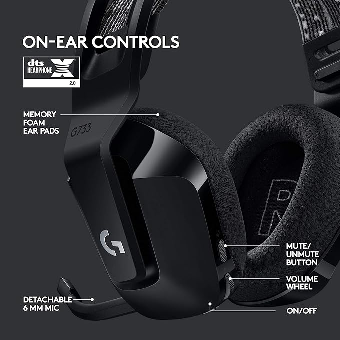 Logitech G733 Lightspeed Wireless Gaming Headset, Suspension Headband, Lightsync RGB, Blue VO!CE Mic, PRO-G Audio – Black, Gaming Headset Wireless, PC, PS5, PS4, Switch Compatible