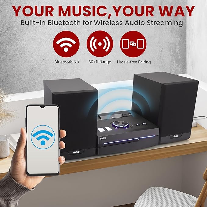 Pyle Home Stereo Shelf System - 100W Wireless BT Streaming with CD Player, FM Radio, USB & SD Card Playback, 2-Way Music Crisp-Sound, Remote Control, Dual Stereo Speakers (Black)