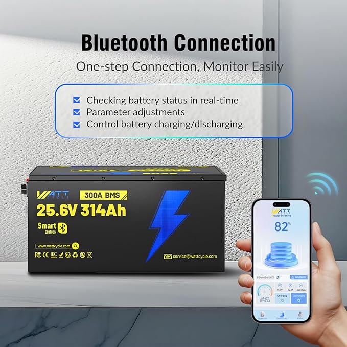 24V 314Ah LiFePO4 Lithium Battery 300A BMS, Bluetooth 5.0, Full Metal Case Aluminum Frame 8038Wh Energy, 15000+ Deep Cycles Batteries, Perfect for Home Energy, RV, Marine, Solar