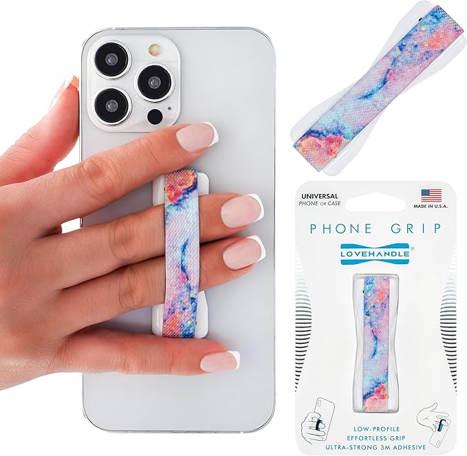 LOVEHANDLE Universal Phone Grip for Smartphones & Mini Tablets - Phone Holder for Hand - Wireless Charging Compatible - Made in The USA - Magic Marble