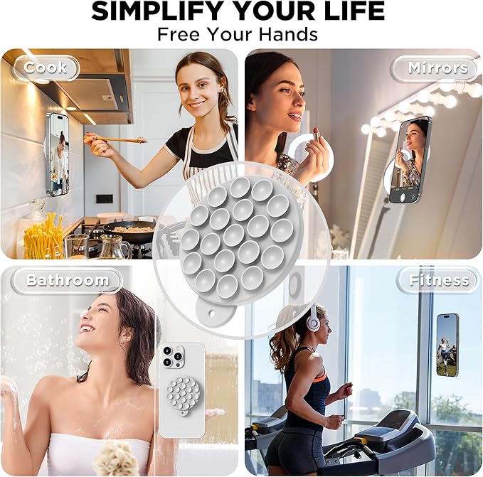 Magnetic Suction Cup Phone Mount for MagSafe Case, Silicone Hands-Free Grip Holder for iPhone and Android, Mirror Shower Phone Stand for Makeup FaceTime Gym Kitchen Bathroom, Light Gray