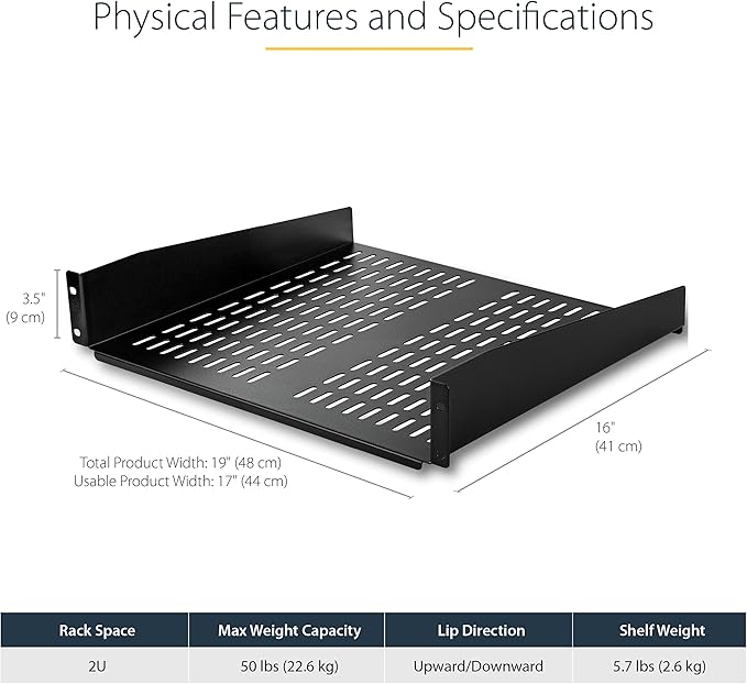 StarTech 2U Vented Cantilever Rack Shelf, 16in Deep, 50lb, TAA (CABSHELFV)