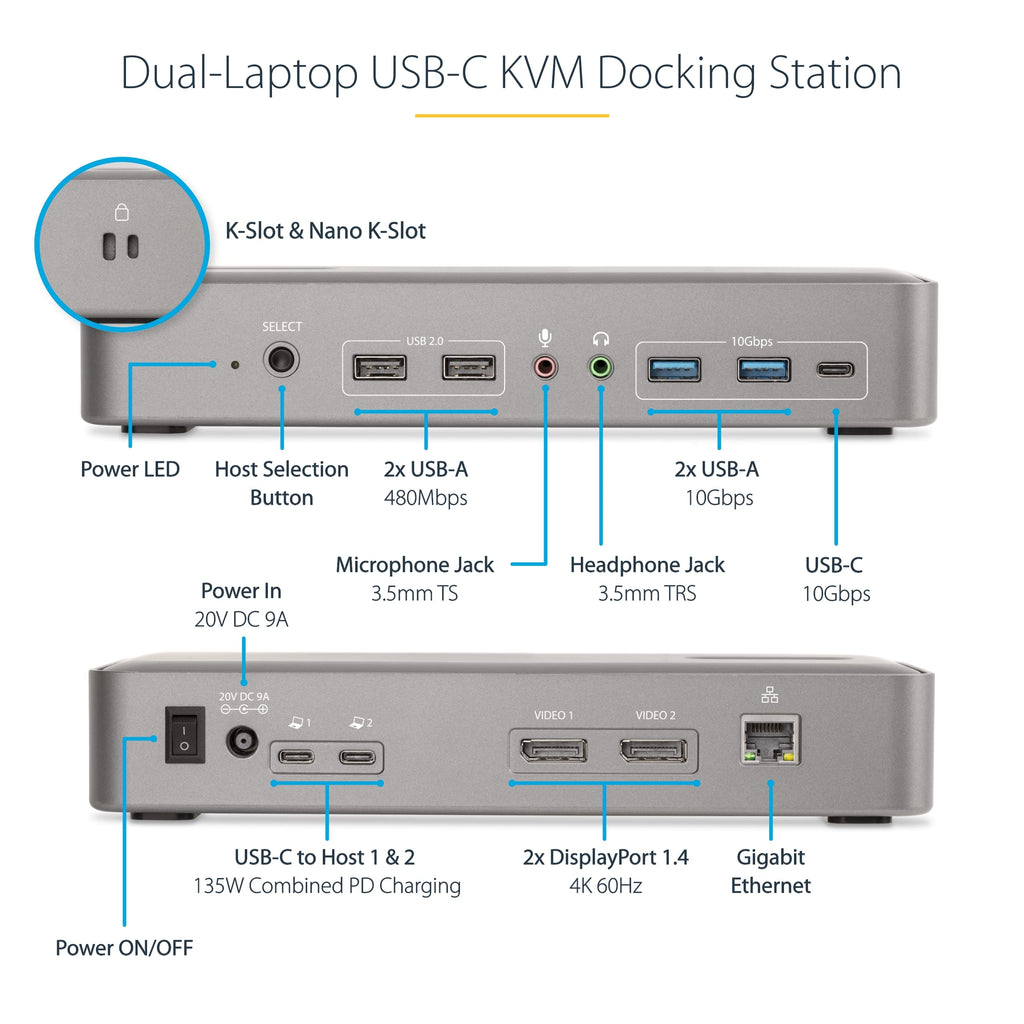 StarTech Dual-Host USB-C KVM Dock, Dual 4K 60Hz DisplayPort, GbE, 90W, TAA