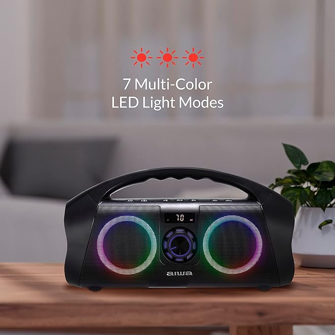 AIWA Portable Boombox - Waterproof Bluetooth Speaker, Rechargeable Wireless Boombox with Multi Color LED Lighting and Digital Display, AUX Input and Carry Handle, 15 Hour Playtime