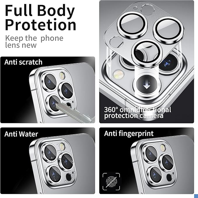 Camera Lens Protector for iPhone 14 Pro/iPhone 14 Pro Max, Alloy Metal Camera Cover with Tempered Glass Screen Protector Accessories,Case Friendly,Scratch Resistant,Easy to Install -Sliver