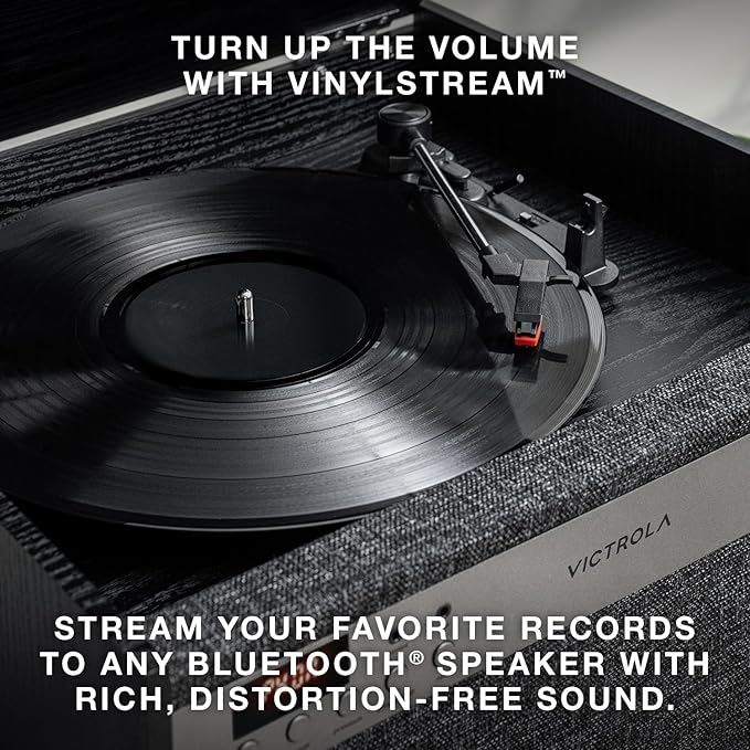 Victrola Century 6-in-1 Vinyl Record Player & Music Center – 3-Speed Turntable, CD & Cassette Player, VINYLSTREAM, Bluetooth & 3.5mm Aux, Record Player with Speakers, Mid Century Design (Black)