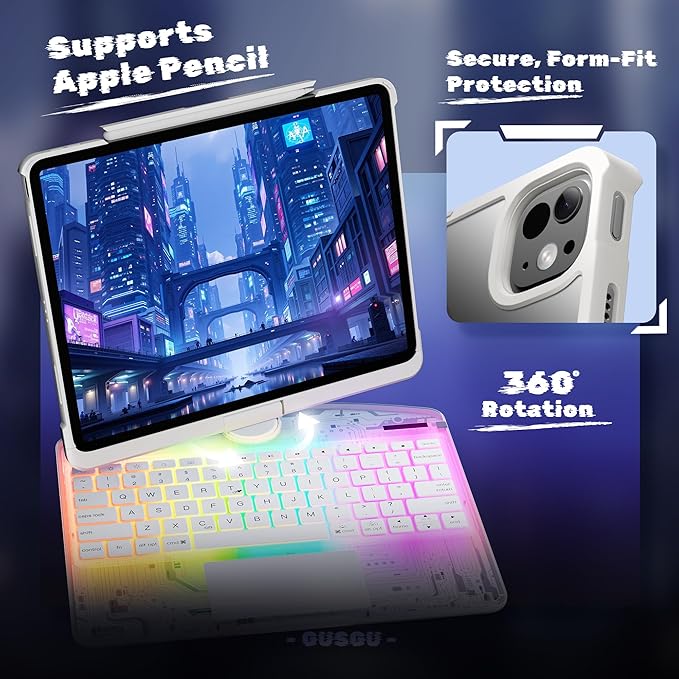 KITONE Transparent Case with Wireless Keyboard for iPad 11th Gen 11-in.(A16, 2025), 2022 iPad 10th Gen 10.9-in, 7 Colors Backlight, Trackpad, 360°Rotating Stand, Tech Style
