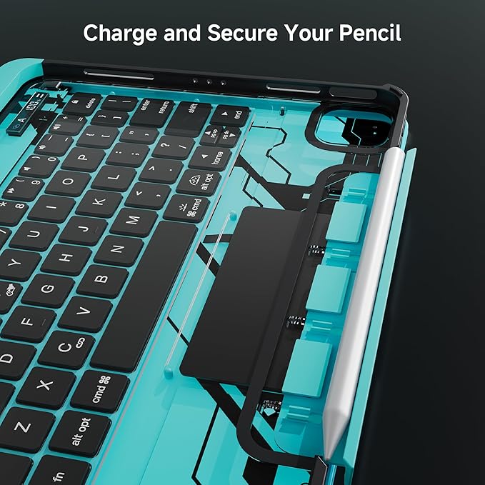 iPad Keyboard Case for iPad 10th Gen (2022) & 11th (A16, 2025), Magic Wireless Keyboard with Trackpad 7 Color Backlit, 360° Rotating Stand Transparent Protective Cover with Pencil Holder (Cyan)