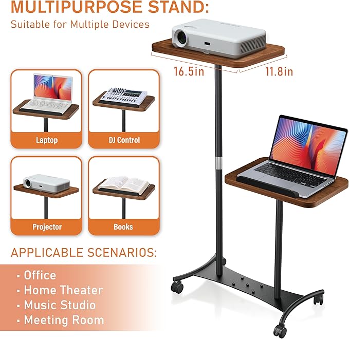 2 Shelves Projector Stand, Mobile Laptop Cart on Wheels Projector Stand Adjustable Height 20 to 53 Inches, Overbed Table with 5 Lockable Casters, Rolling Laptop Floor Stand for Couch