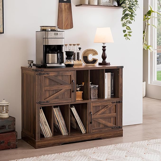 Large Record Player Stand with Vinyl Storage Up to 450 Albums, 39 Inch Farmhouse Brown Walnut Storage Cabinet with Barn Doors, Wood Vintage Mid-Century Turntable Stand for Bedroom, Living Room