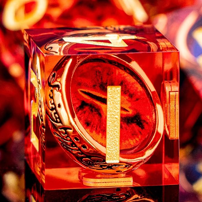 Magic Golden Ring DND Dice Set Sharp Edge Red Gaze Eye Resin Dice with Box, for use with RPG D&D Tabletop Games Lord D and D Polyhedral Dice Set