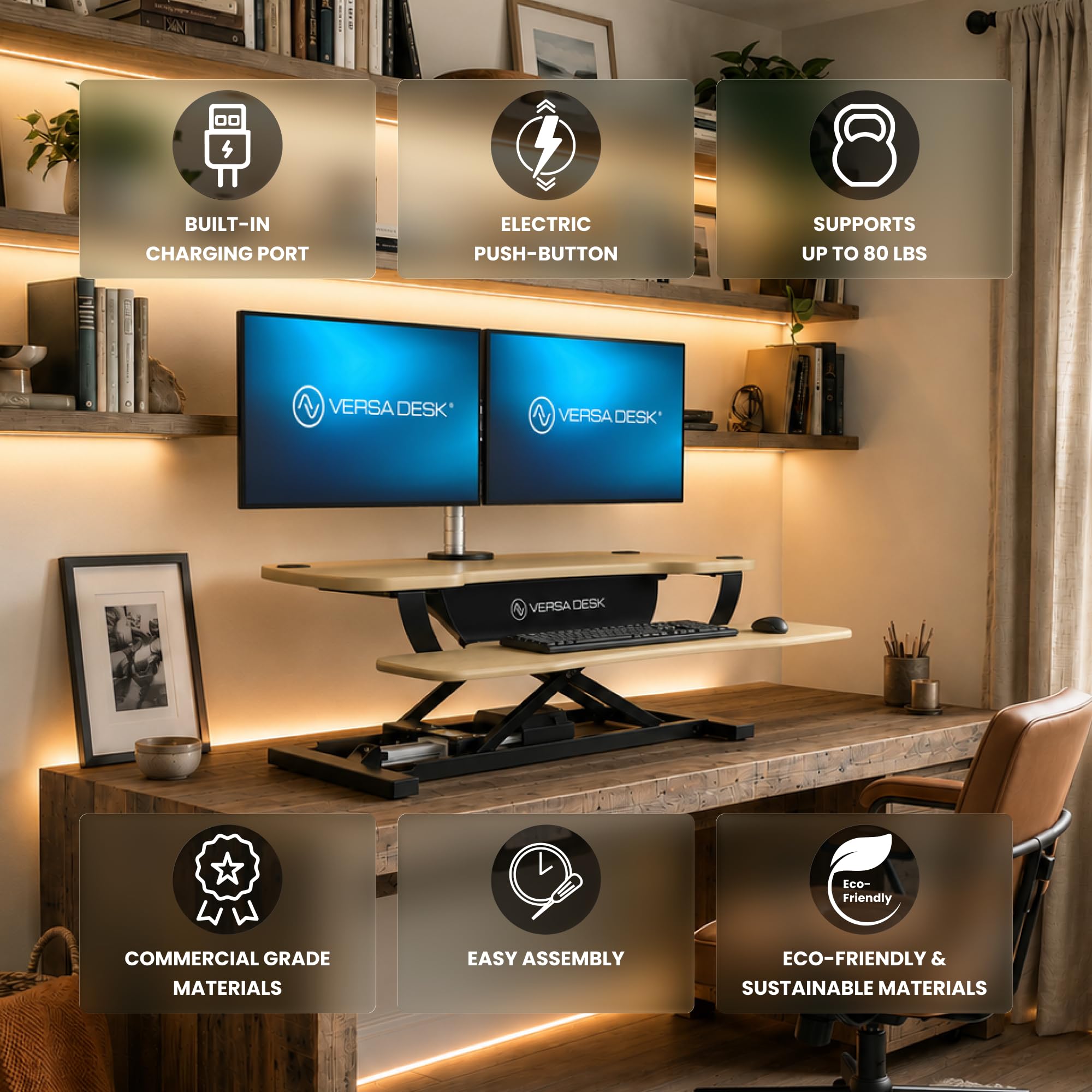 VERSADESK PowerPro 40 Inch Electric Standing Desk Converter – Push-Button Height Adjustable Sit to Stand Desk Riser for Triple Monitors & Laptop – Motorized Desktop Workstation with Wide Keyboard Tray