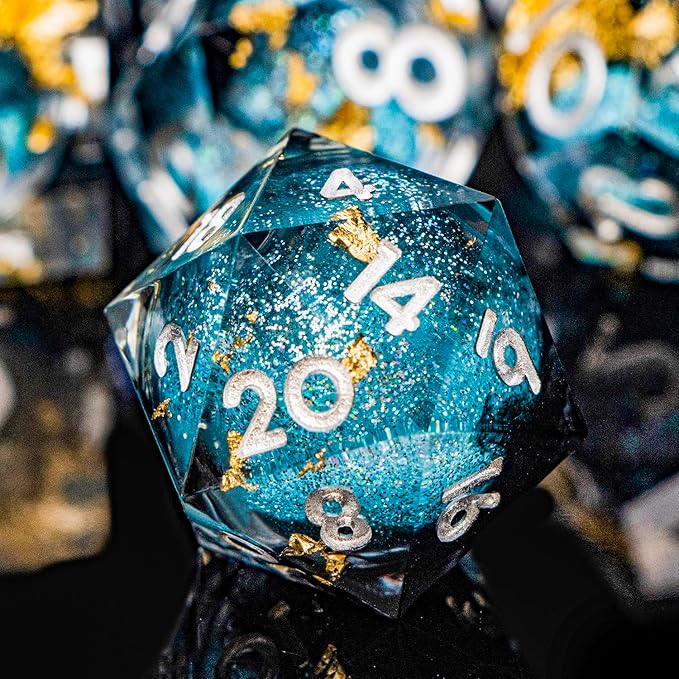 DND Dice Blue Liquid Core Dice Set with Metal Box, Handmade Sharp Edge D and D Polyhedral Dice for use with RPG D&D Role Playing Game