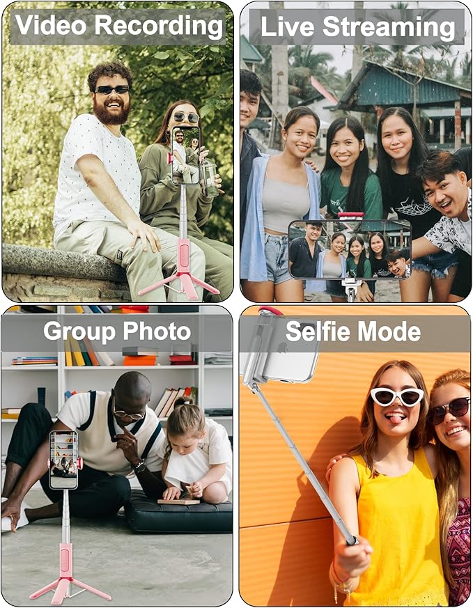 Selfie Stick, Foldable Cellphone Tripod with Remote, Travel Tripod for iPhone Series Android, Video Recording - Pink