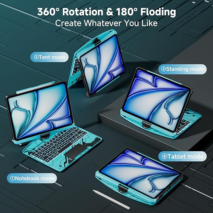 Keyboard Case for 12.9 inch iPad Pro 6/5/4/3rd Gen & 13 inch iPad Air (2025 M3, 2024 M2) Wireless Keyboard with Trackpad 7 Color Backlit, Transparent Protective Cover with Pencil Holder (Cyan)