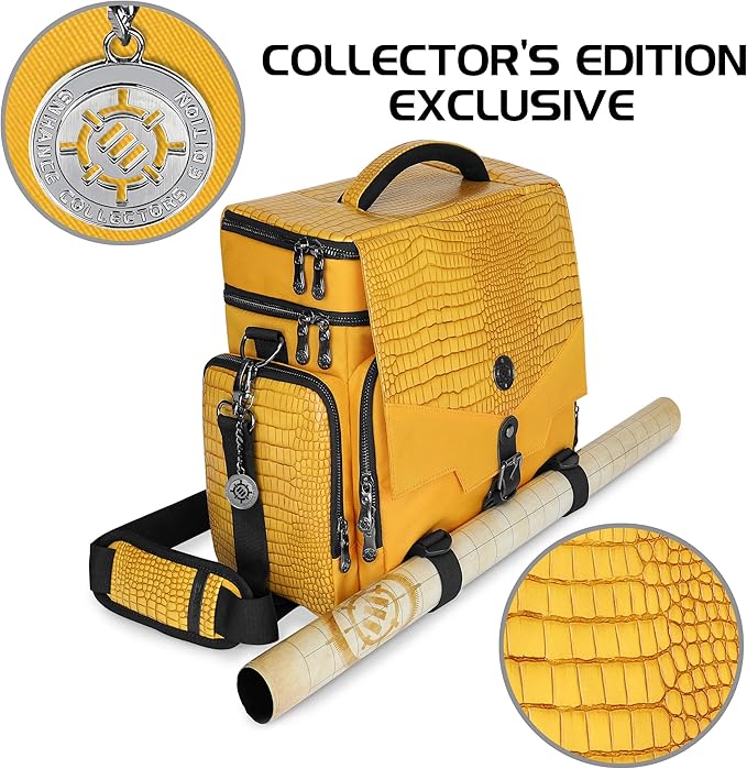 ENHANCE Collector's Edition RPG Adventurer's DnD Bag - Dragon Hide Exterior Travel RPG Bag with Tabletop Miniatures Storage Vault, Mat Holder, DnD Dice & Token Pockets, Fits 4-8 Books (Dragon Gold)