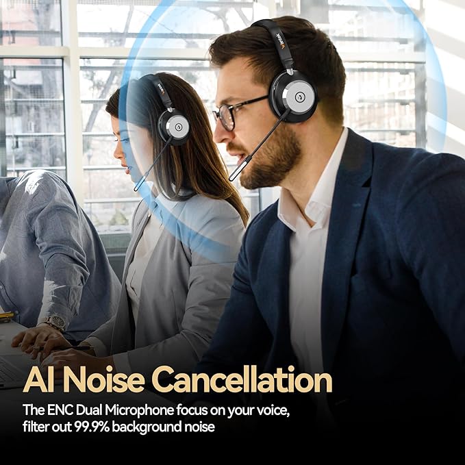 Wireless Headset with Mic for Work,Bluetooth Headphone with Noise Cancelling Microphone,2.4G USB Dongle & Mic Mute for Laptop/Computer/Cell Phones/Office/Remote Work/Call Center/Zoom/Teams/Skype