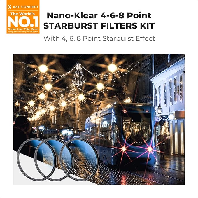 K&F CONCEPT 55mm Star Filters Kit (3pcs) 4 Points 6 Points 8 Points Cross Screen Starburst Filters Set -18 Layer Coating Ultra Slim Optical Glass Camera Lens Filter with 3 Cleaning Cloth