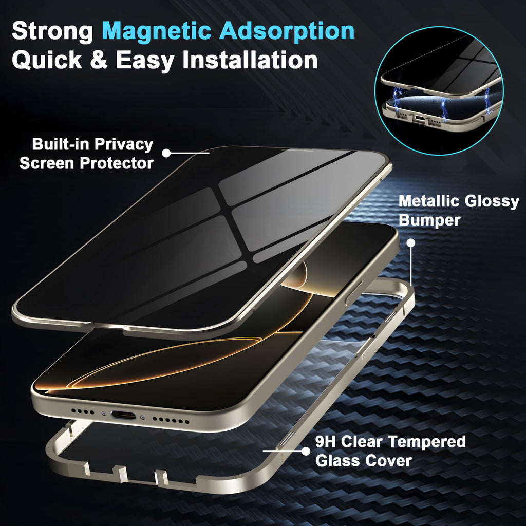 Eorkvr Privacy Magnetic Case for iPhone 16 Pro with Metal Titanium Frame Privacy Screen Protector & Camera Lens Protector, Magnetic Adsorption Double Sided Glass Case Anti Peep Anti Spy Phone Cover