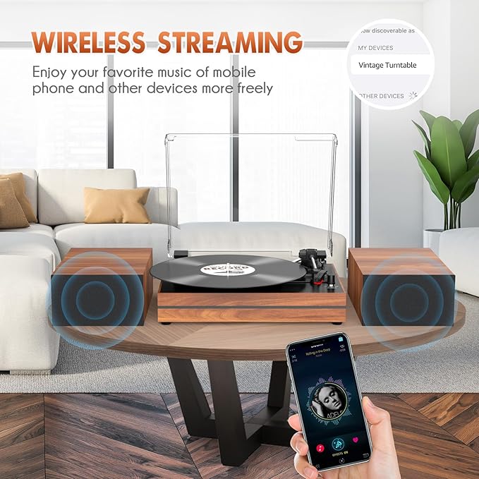 Vinyl Record Player with Speakers Vintage Turntable for Vinyls Records External Speakers Belt-Driven Turn Table Support 3-Speed Wireless Playback Headphone AUX-in LP Phonograph Audio Sound Wood Red