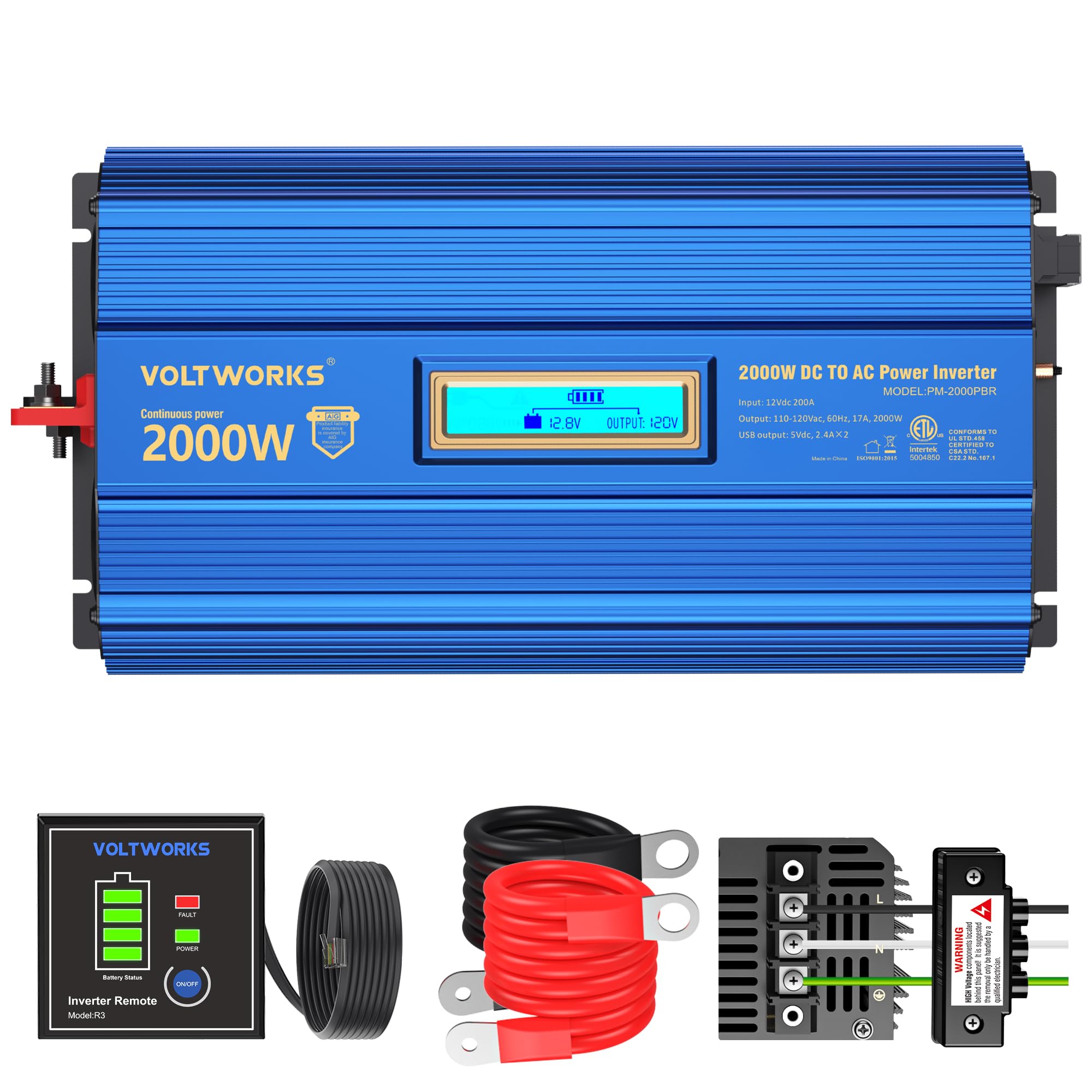 Power Inverter 2000w DC 12V to AC 120V ETL UL458 VOLTWORKS