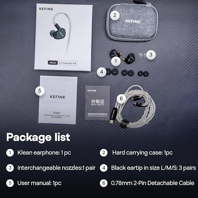Linsoul Kefine Klean in Ear Monitor,10mm DLC Diaphragm Dynamic Driver HiFi Earphones,Wired Gaming Earbuds,Replaceable Nozzles,Detachable Silver-Plated Cable for Audiophile (with Mic Type-C, Black)