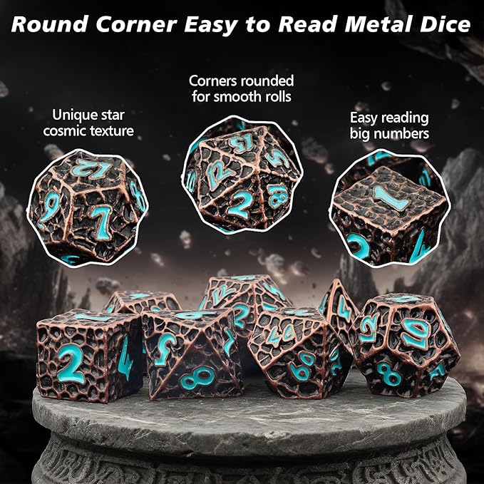 PJOY Metal D&D Dice Set for Dungeons and Dragons Dice with Case Meteorite Copper Blue Numbers 16mm 7PCS Role Playing Cool Dice DND Gifts for Players DM Game Masters