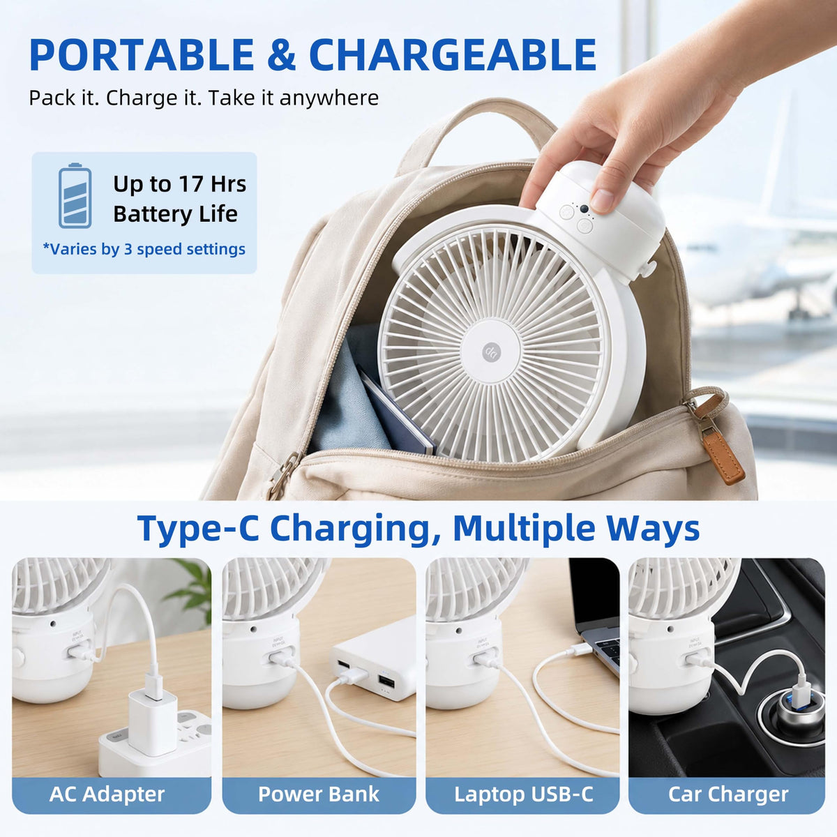 OGZ Portable Fan for Travel Wireless with Remote Timer, 7 Inch Small Desk Fan with LED Night Light 90° Oscillation, Rechargeable USB Fan for Cruise Bed Beside Sleeping Camping Tent