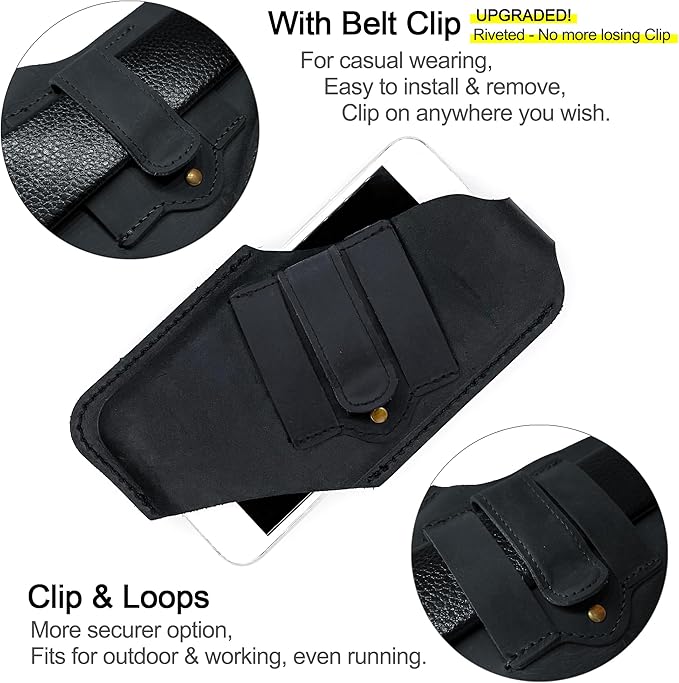 TobbinGear Left-Handed Leather Cell Phone Holster with Belt Clip, Universal Phone Holster for Men Belt Holder, Leather Case for iPhone, Samsung Galaxy Phones, Black, Medium