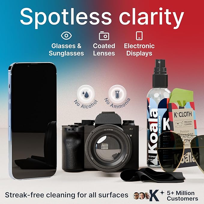 Koala Eyeglass Lens Cleaner Spray Kit | (2x) Glasses Cleaner Bottle + (2x) Microfiber Cloth | Alcohol Free Eyeglasses, Screen, and Camera Cleaning Kit | Made in USA (4 Piece Set)