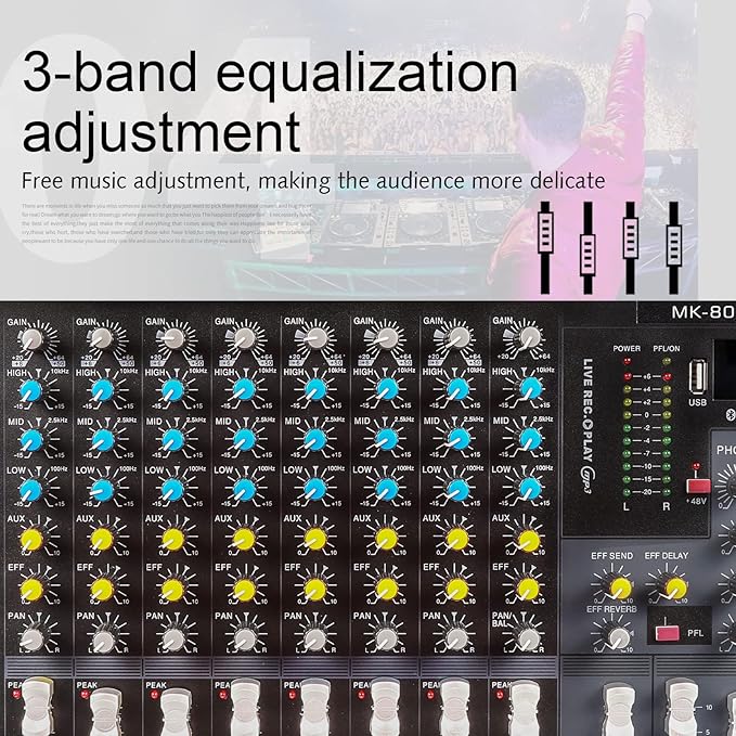 G-MARK MK800MP3 Professional Audio Mixer Sound Board 8 Channels Mixing Console with MP3 Player +48V Phantom Power Digital USB Bluetooth Reverb DJ Mixer Audio for PC Karaoke Stage Studio Recording