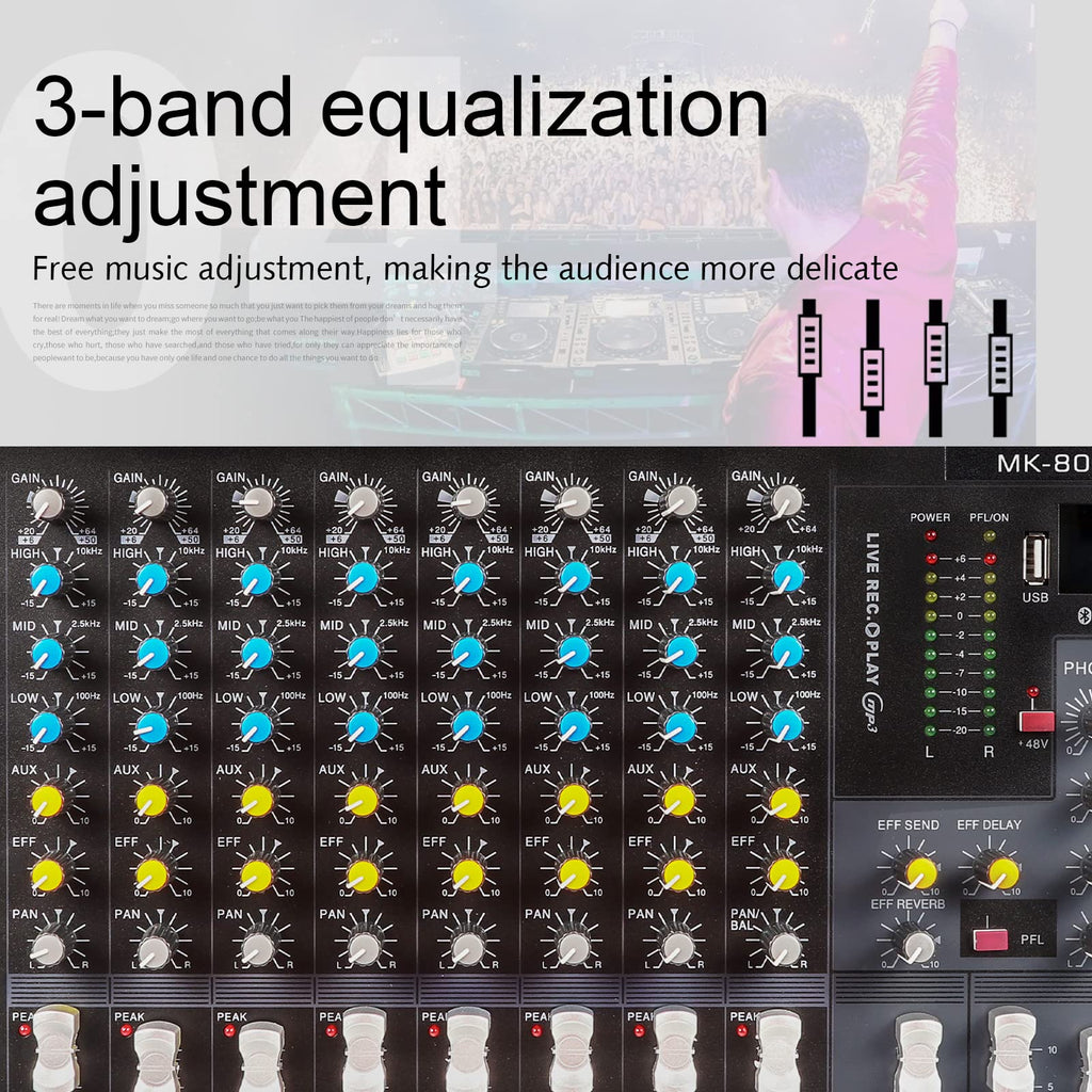 G-MARK MK800MP3 Professional Audio Mixer Sound Board 8 Channels Mixing Console with MP3 Player +48V Phantom Power Digital USB Bluetooth Reverb DJ Mixer Audio for PC Karaoke Stage Studio Recording