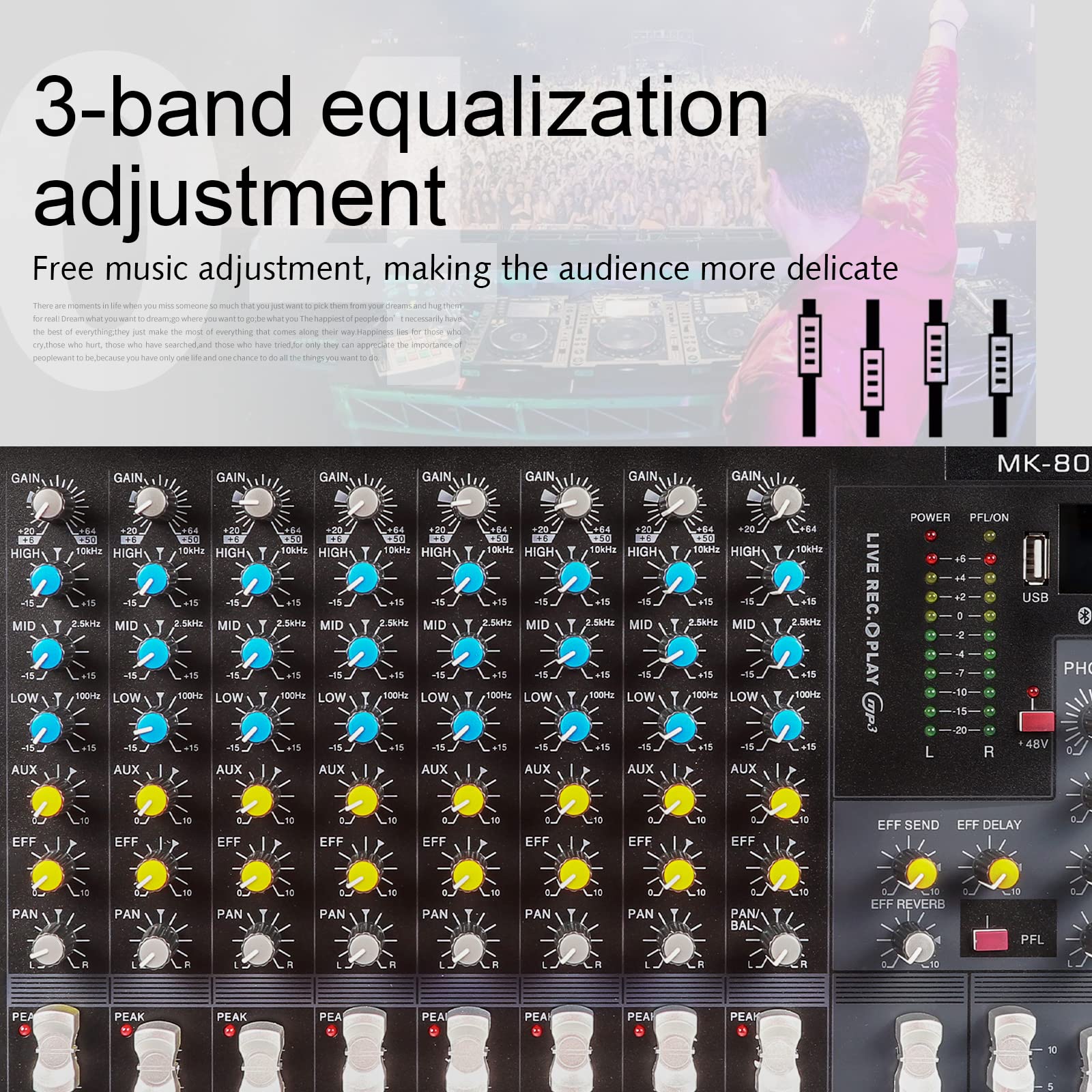 G-MARK MK800MP3 Professional Audio Mixer Sound Board 8 Channels Mixing Console with MP3 Player +48V Phantom Power Digital USB Bluetooth Reverb DJ Mixer Audio for PC Karaoke Stage Studio Recording