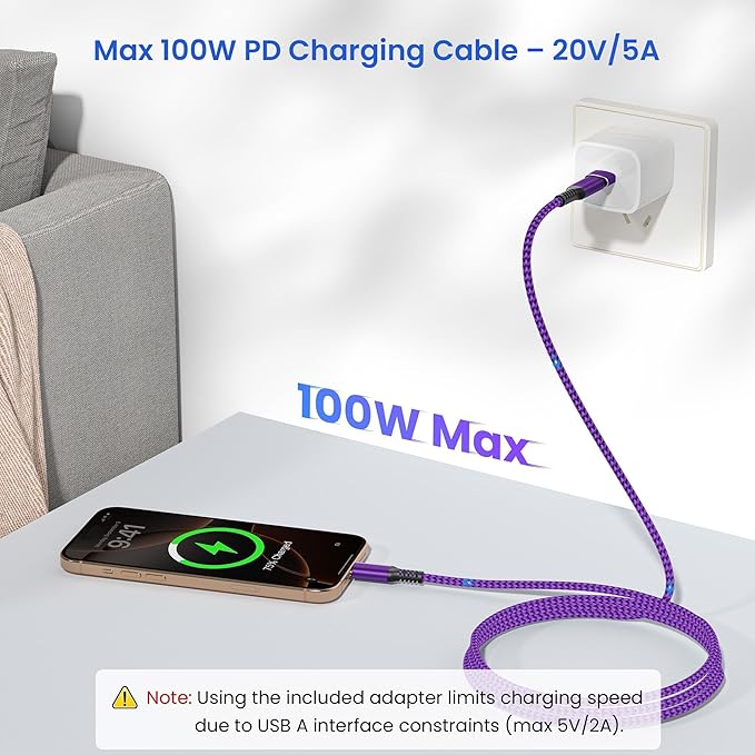 Elebase USB Type C to C 100W Cable 10FT with USB Adapter,Fast Charging PD Charger Cord for Car iPhone 16 15 Pro Max Plus,Samsung Galaxy S23 S24,MacBook Mac,iPad 10,Air 5 Mini 6th,Ultra,A53 A54
