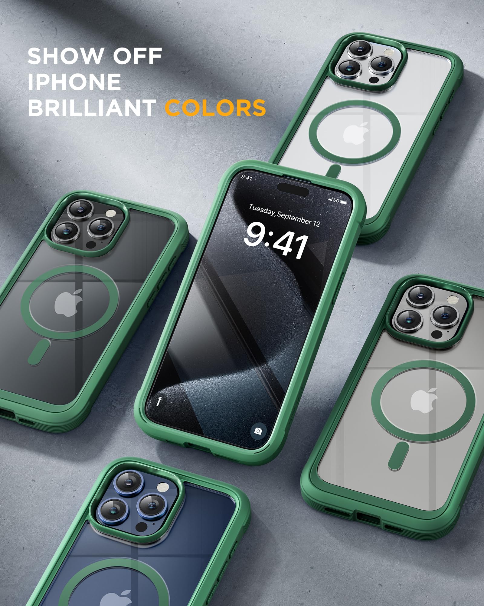 Miracase Magnetic for iPhone 15 Pro Case [Compatible with MagSafe] Full-Body Bumper Phone case with Built-in Glass Screen Protector& Camera Protector, Military Drop Proof 15 Pro Cover, Magnetic Green