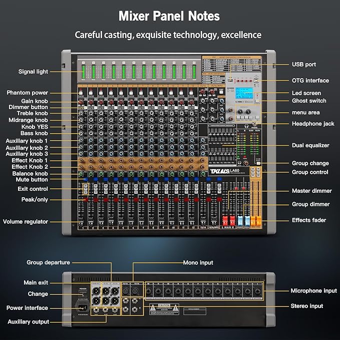 Professional Audio Mixer, 12 Channel Sound Board Mixing Console, Dual DSP Reverb Studio Mixer Board, Dual 7-Band EQ, 48V Phantom Power, 4 Group Stereo Output Input, PAD