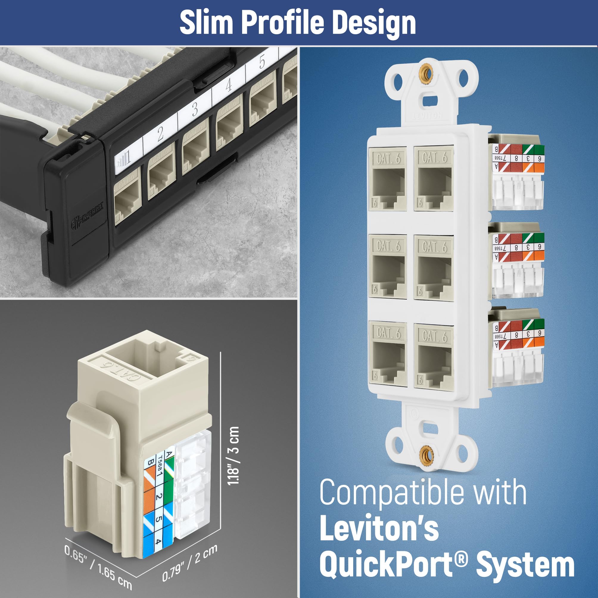 Everest 90 Degree RJ45 Cat6 Keystone Jacks Slim Profile 50-Pack Ivory