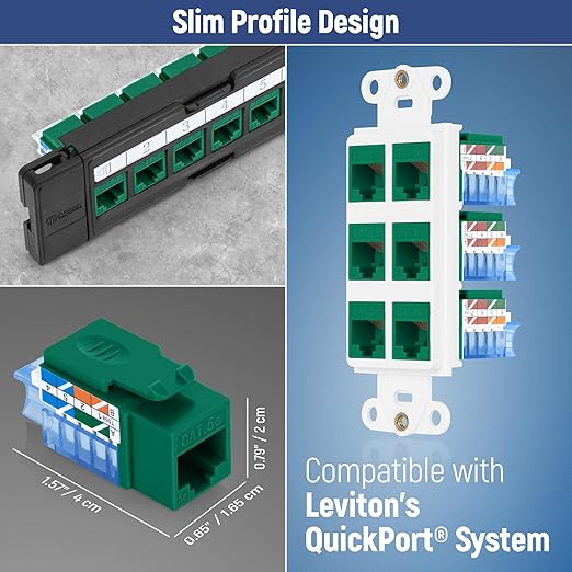 Everest 45° Angled RJ45 Cat5e Keystone Jacks 10-Pack in Green - Slim Profile Female RJ45 Connectors - Cat 5e Keystone Jack - Compatible with 45° Angled Speed Termination Tool - 45Term (B0BL3GS7ZY)
