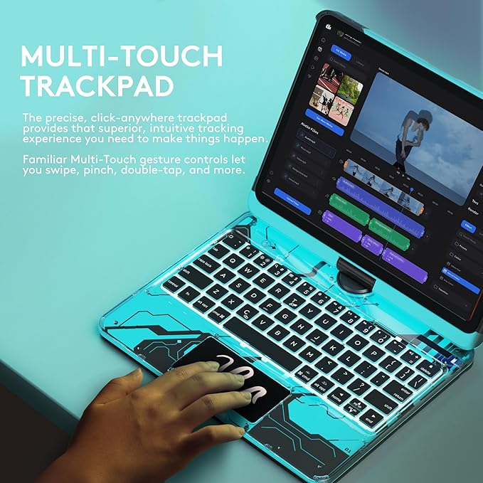 GUSGU for iPad Air 11 Inch (M3/M2,2025/2024) Transperant Case with Wireless Keyboard, 7 Color Backlight, Trackpad, 360°Rotating Stand for 10.9" iPad Air 5th/4th, 11" iPad Pro 4/3/2/1 Case, Cyberpunk