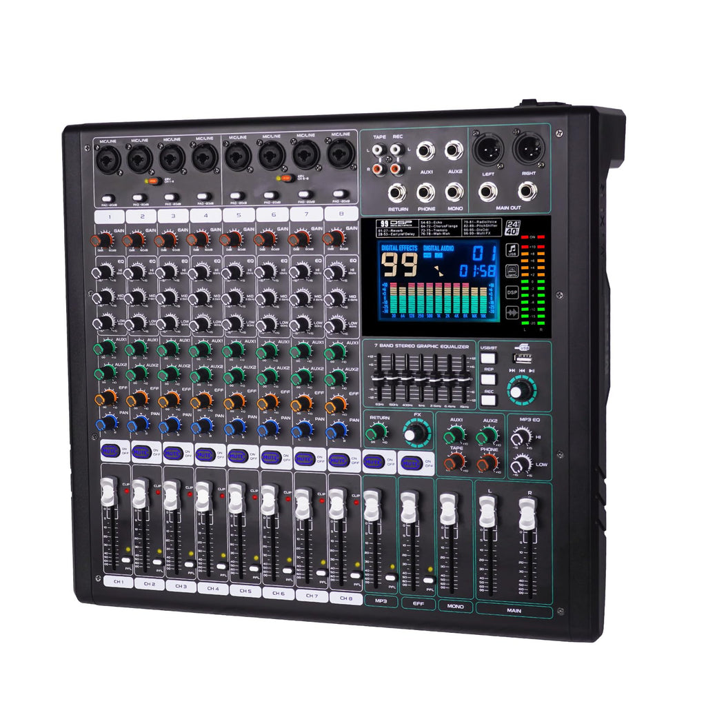 GF8 Pro Multi functional 8-channel Audio Mixer, Bluetooth DJ Mixing Console -7-level Stage Equalizer, 99 Sound Effects, Stage Independent Mute, Karaoke, Wedding Scene, Party DJ Mixer