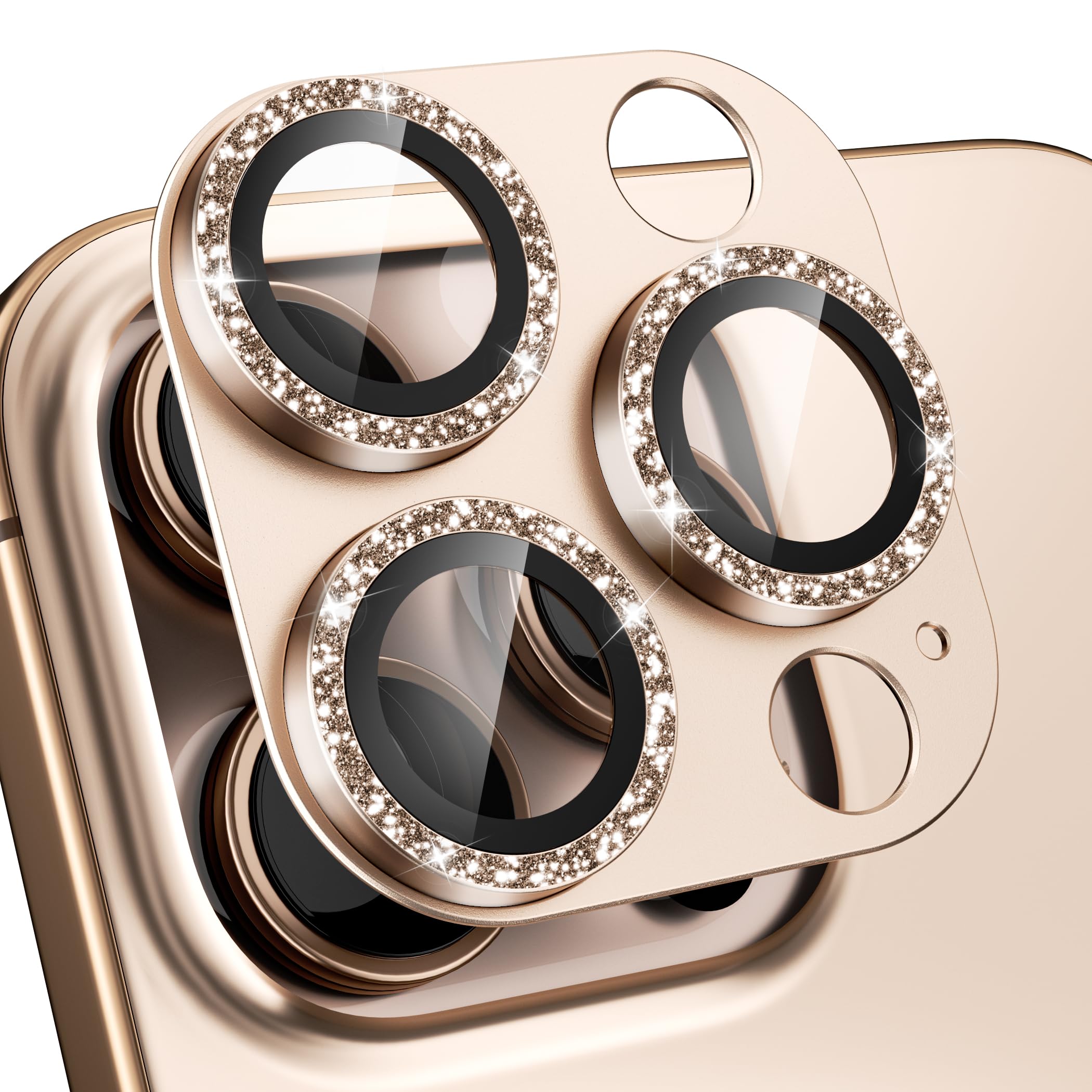 beuxece Compatible for iPhone 16 Pro/iPhone 16 Pro Max Camera Lens Protector, Bling Metal Tempered Glass Camera Screen Cover Accessories [Strong Adsorption][Case-Friendly]- Glitter Titanium Desert