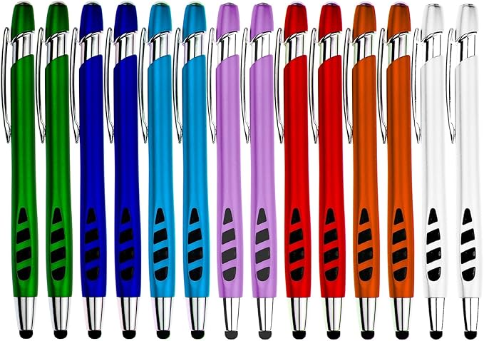 Stylus Pen for Touch Screens & Writing Pens, with Sensitive Stylus Tip - 2 in 1, for Your iPad, iPhone, Kindle, Nook, Samsung Galaxy, Tablets & Phones - Assorted Barrel Colors, Black Ink, 14 Pack