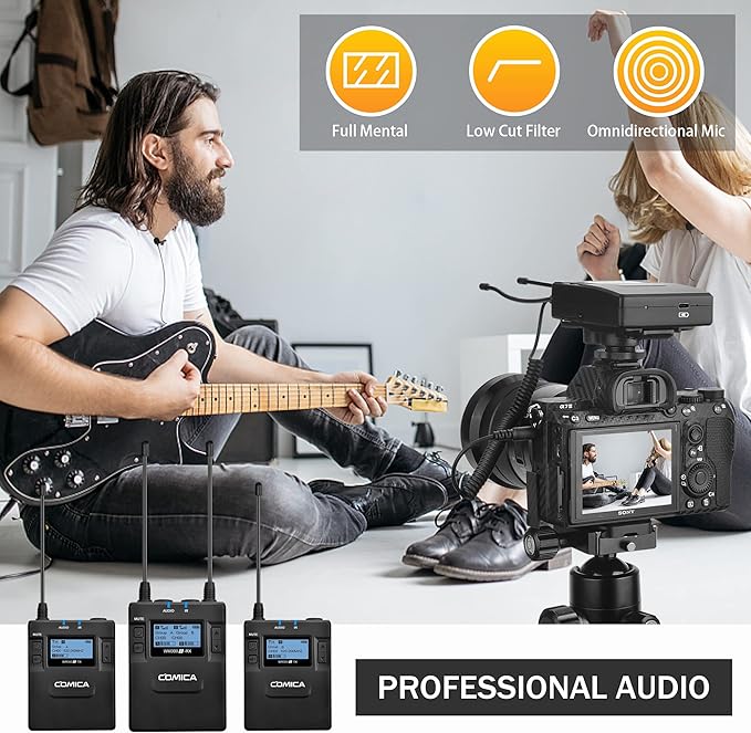 Dual Wireless Lavalier Microphone System,Comica CVM-WM300A UHF 96 Channel Professional Lapel Lav Microphone for DSLR Canon Nikon Sony Camera XLR Camcorder Youtube Interview TV Video Recording(2TX+1RX)