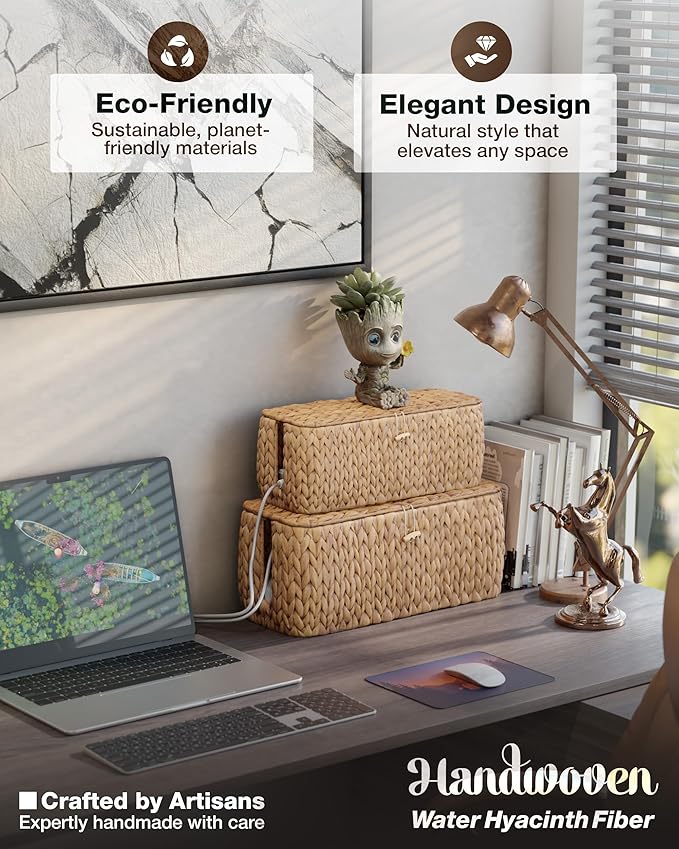 BLUEWEST Pack 2 Large Cable Management Box, Wicker Hyacinth Rattan Cable Organizer and Cover with 2 Open Slots and Safety Lock for Under Desk Power Strip, TV Wires, Computer, Router, USB Hubs