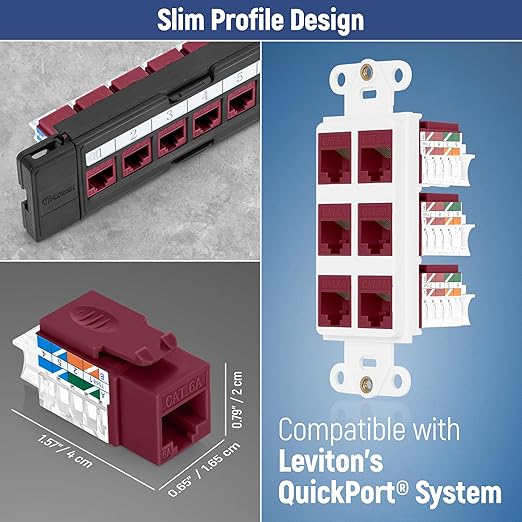 Everest 45° Angled RJ45 Cat6A Keystone Jacks 50-Pack in Red - Slim Profile Female RJ45 Connectors - Cat 6A Keystone Jack - Compatible with 45° Angled Speed Termination Tool - 45Term (B0BL3GS7ZY)