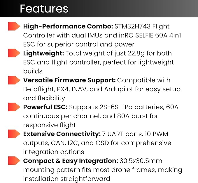 AERO SELFIE H743 Flight Controller with 60A 8 bit ESC 30x30 Stack: Supports 2-6S LiPo, Dual IMU, Compass, Barometer, Compatible with Betaflight, INAV, PX4, Ardupilot for FPV & Racing Drones