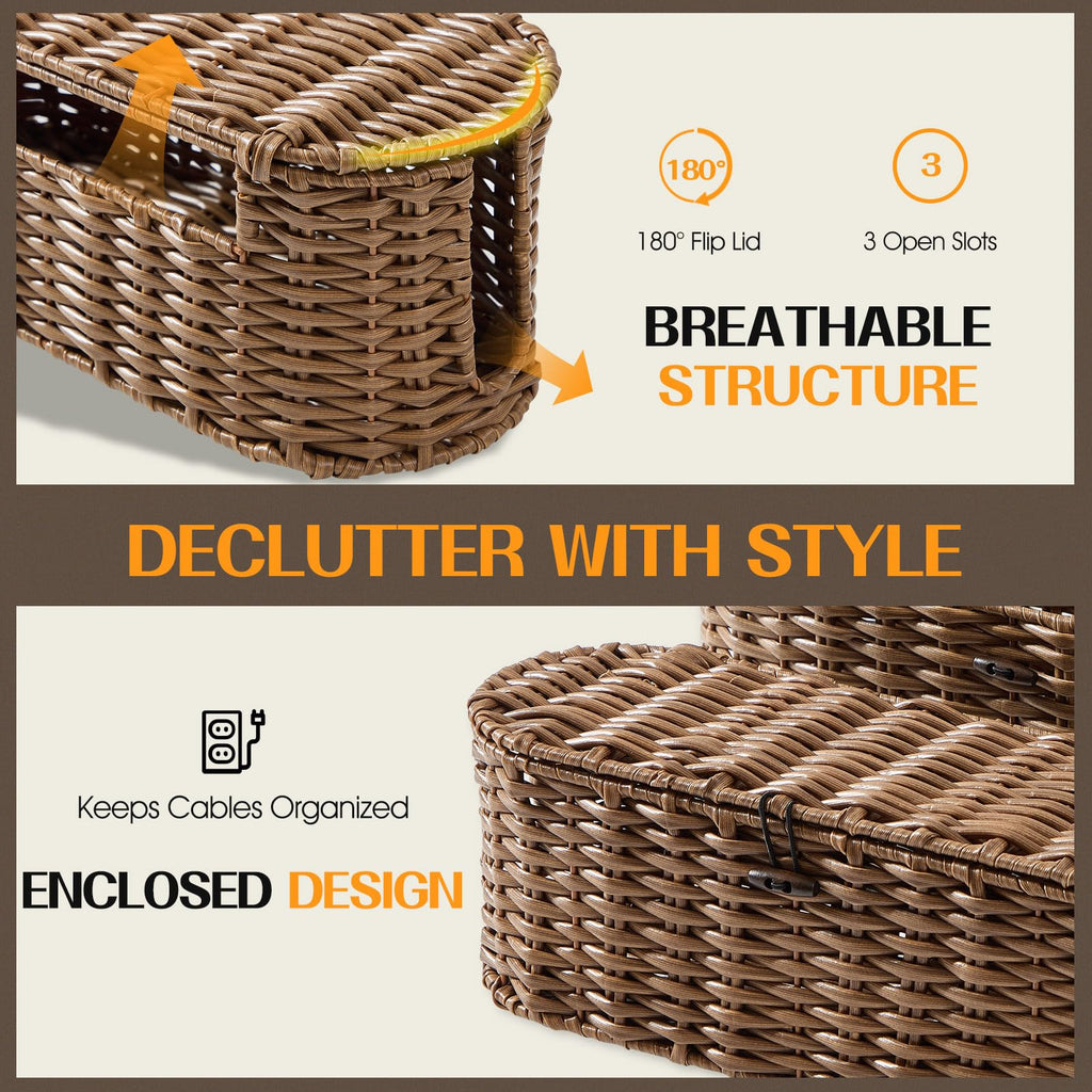 FairyHaus Cable Management Box 2Pack Brown, Handwoven Large and Small Cable Organizer Box Cover to Hide Cords and Power Strip, Imitation Wicker Cord Organizer Box Hider for Office Desk and Floor