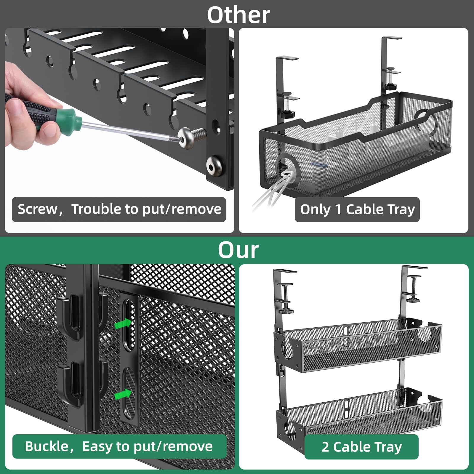 Multi-Model Under Desk Cable Management Tray 2 Packs Metal Under Desk Wire Management Clamp Mount Under Table Cord Management No Damage The Desk (Black)