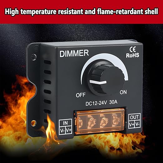 MAYWILLA LED Light Strip Dimmer Controller,DC 12V-24V 30A PWM Stepless Dimming Switch with Adjust Brightness ON/Off Knob and Aluminum Case for Single Channel 5050 3528 LED Light Strip